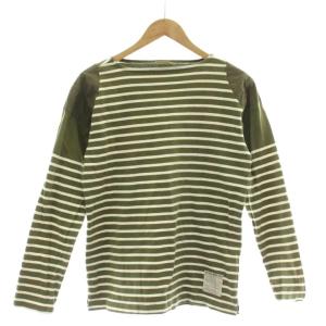 Tシャツ M 白 ホワイト カーキ ボーダー柄 長袖 /DU