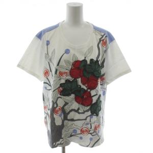 Tシャツ カットソー 半袖 40 白 ホワイト 水色 ライトブルー 花柄 アップリケ 08176262