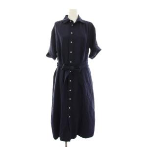 シャツワンピース ロング シルク混 リネン混 半袖 2 紺 ネイビー /YM