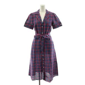 ワンピース ロング丈 半袖 チェック柄 麻 リネン 0 ピンク 青 ブルー 100188078 /AN45