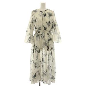 24AW ペイントフラワーワンピース ロング 長袖 シフォン シアー ラメ 花柄 38 グレー 黒 ブラック