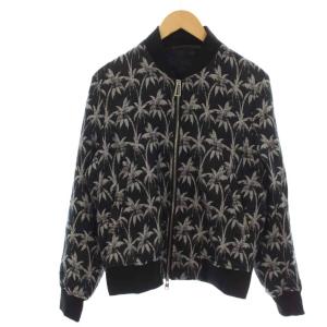 ジャケット 上着 麻 リネン M 黒 ブラック パームツリー柄 スタンドカラー 長袖 /KG