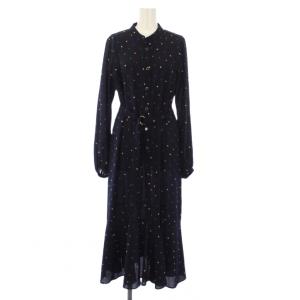 17AW スタードット刺繍ワンピース シャツワンピース バンドカラー 長袖 ミモレ丈 ロング 38 紺