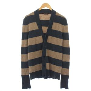 カーディガン M ベージュ 青系 ボーダー柄  カシミヤ Vネック 長袖 /JP