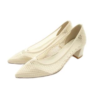 メッシュ パンプス チャンキーヒール 24cm アイボリー ポインテッドトゥ /YM