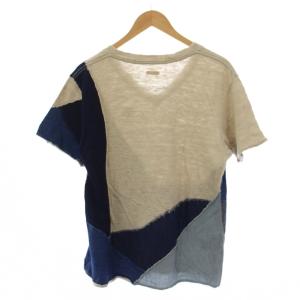 KAPITAL Tシャツ カットソー 半袖 Vネック パッチワーク リネン 3 ベージュ 青 K1504SC031 /BM