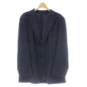 テーラードジャケット ブレザー ウール混 カシミヤ混 DE52 青 ブルー チェック柄 長袖 ノッチドラペル