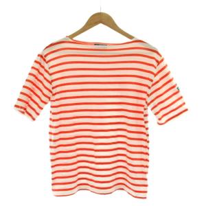 Tシャツ  白 ホワイト オレンジ ボーダー柄 半袖 ボートネック /RK