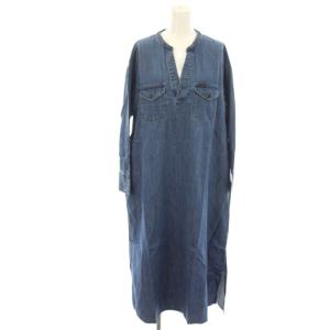 ワンピース F 青 ブルー ロング丈 長袖 バンドカラー Vネック /KG