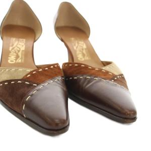 Salvatore Ferragamo パンプス ピンヒール パッチワーク シューズ 5.5 茶色 ブラウン ポインテッドトゥ サイドオープン