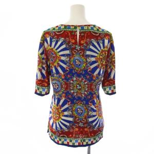 DOLCE&GABBANA シャツ ブラウス 半袖 クルーネック 総柄 シルク 44 青 赤 /BM