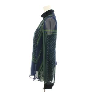 sacai シャツ ブラウス ハイネック 長袖 シフォン シアー ドット柄 ベロア 2 紺 ネイビー 緑 グリーン