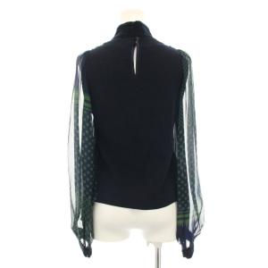 sacai シャツ ブラウス ハイネック 長袖 シフォン シアー ドット柄 ベロア 2 紺 ネイビー 緑 グリーン