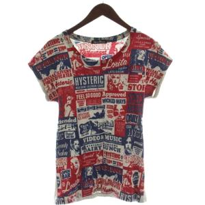 Tシャツ カットソー グレー 赤 半袖 総柄 ラウンドネック /GG