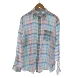 カジュアルシャツ ワイシャツ 麻 リネン L 緑 グリーン ピンク 白 ホワイト チェック柄 長袖 /RR