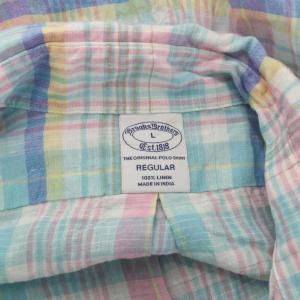 Brooks Brothers カジュアルシャツ ワイシャツ 麻 リネン L 緑 グリーン ピンク 白 ホワイト チェック柄 長袖 /RR