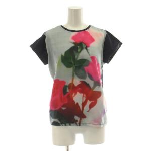 Tシャツ M 紺 ネイビー グレー ピンク 花柄 半袖 ラウンドネック /DU