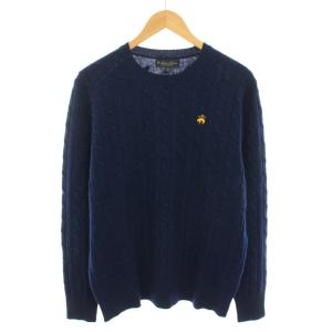 ニット セーター クルーネック 長袖 ロゴ刺繍 ケーブル編み L 紺 ネイビー 黄 イエロー 100-300-310-312