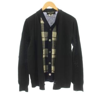 AD2010 レイヤード カーディガン チェック ニット ウール 長袖 M 黒 ネイビー PF-N018