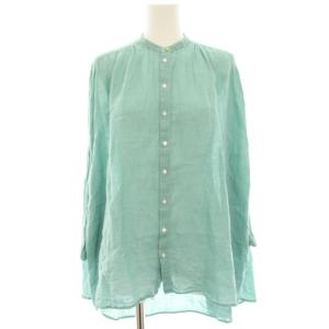 over blouse ノーカラーシャツ ブラウス 七分袖 麻 リネン ギャザー 水色 ライトブルー S211-15