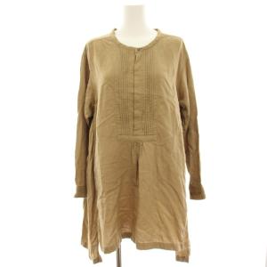 ブロードブラウス ノーカラーシャツ ロングシャツ ピンタック 長袖 麻 リネン混 茶 ブラウン A201-03