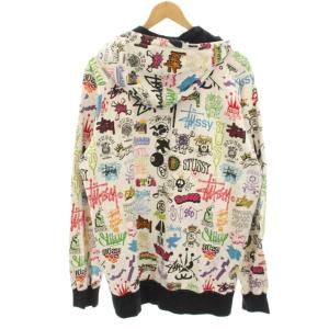 STUSSY 歴代ロゴプリントジップパーカー スウェット 総柄 長袖 M 白 ホワイト /HN