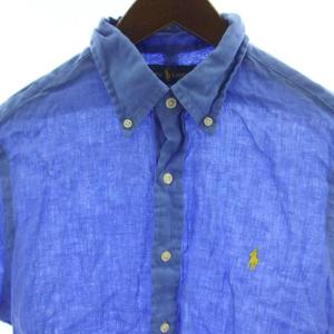 RALPH LAUREN シャツ カットソー リネン M 青 半袖 無地 ワンポイント 刺繍 /GG