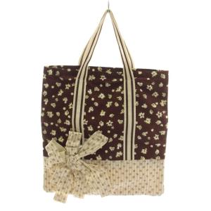 トートバッグ 花柄 リボン 切替 アイボリー 茶 ブラウン /AN12