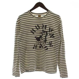Tシャツ カットソー M アイボリー 紺 長袖 ボーダー 猫 HM10CS011 /GG