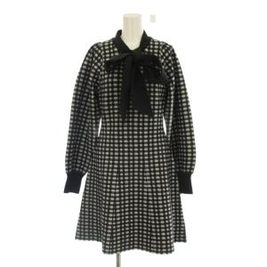 25AW ニットワンピース F 黒 ブラック ボウタイギンガム 長袖 ひざ丈 /LP