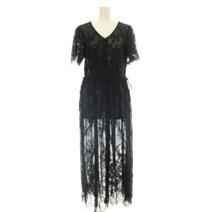 24AW シースルーレースドロストワンピース ロング 花柄 半袖 ワンピース 36 黒 ブラック 03243