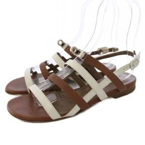 サンダル ストラップ レザー 37 茶 ブラウン 白 ホワイト /AN79