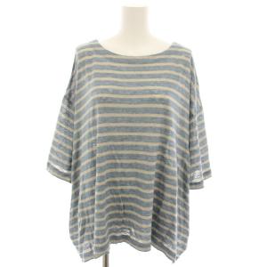 リネン天竺ボーダーTee カットソー ボートネック 七分袖 ボーダー柄 麻 リネン F 水色 ライトブルー