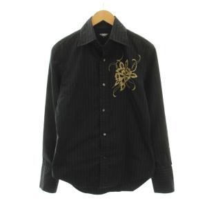 シャツ ストライプ 長袖 L 黒 ブラック 花柄刺繍 TSH-6638-4 /YM