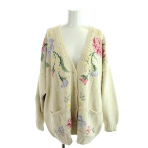 カーディガン L ベージュ 花柄 Vネック 長袖 /AP