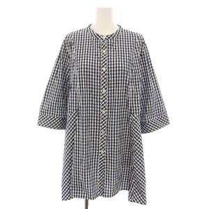 ワンピース ミニ バンドカラー 七分袖 ギンガムチェック柄 大きいサイズ 17+ 青 ブルー 白 ホワイト