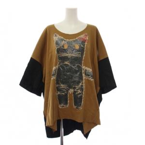 Tシャツ カットソー 半袖 切替 オーブ 猫柄 00 ベージュ 黒 16-12-331035 /BM