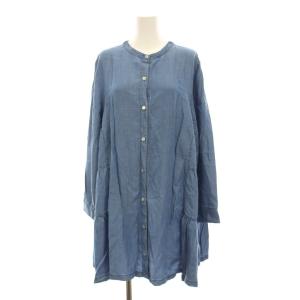 シャツワンピース ミニ バンドカラー 大きいサイズ 17+ 青 ブルー 長袖 /YM
