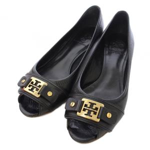 パンプス オープントゥ ウェッジソール レザー 6M 黒 ブラック /TK