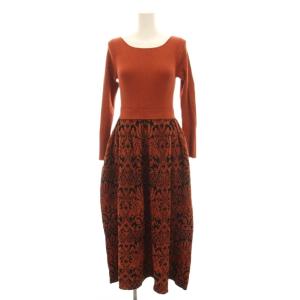 22AW フラワープリーツニットワンピース ロング 36 茶色 ブラウン 長袖 総柄 0123433019
