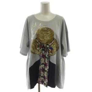 リボンアップリケ麦わら柄プルオーバー Tシャツ M 水色 五分袖 /GG