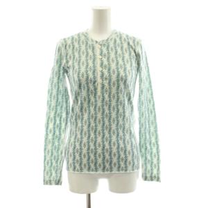 Tシャツ カットソー 長袖 ヘンリーネック 総柄 1 青 ブルー 白 ホワイト /KU