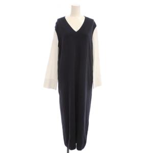 24AW クロスコンビ ニットワンピース 9 紺 白 Vネック 長袖 切り替えデザイン /JP