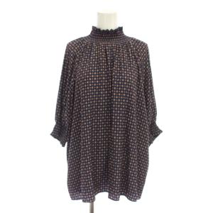 シャツ ブラウス 紺 オレンジ ダイヤ柄 シャーリングネック 長袖 /JP