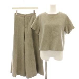 セットアップ 上下 Tシャツ カットソー 半袖 ワイドパンツ ジップフライ 麻 リネン混 ヘリンボーン柄