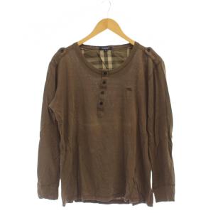 Tシャツ 麻 42 茶 長袖 ヘンリーネック 襟裏チェック柄 /JP