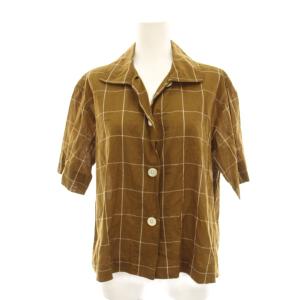 シャツ ブラウス チェック リネン混 2 茶色 ブラウン 半袖 578-2152012 /YM