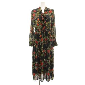 19AW フラワーボウタイワンピース ロング マキシ 花柄 プリント 長袖 シアー 36 黒 ブラック