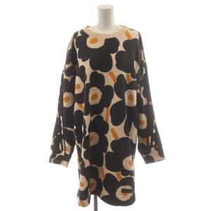 × マリメッコ marimekko スウェットドレス ワンピース ひざ丈 長袖 花柄 L ベージュ 黒