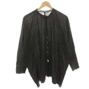 ノーカラーシャツ バンドカラーシャツ ブラウス 長袖 ボーダー 絹 シルク混 M 黒 ブラック J0133FB372